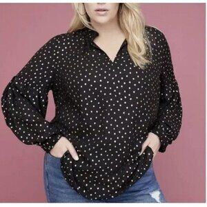 Lane Bryant Blouse Black Gold Polka Dots Pleated Cuff And Neck Lined Plus Sz 16